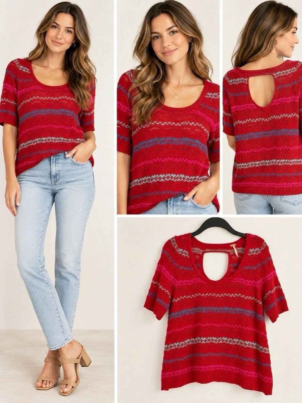 Free People Striped Cutout Sweater in Red